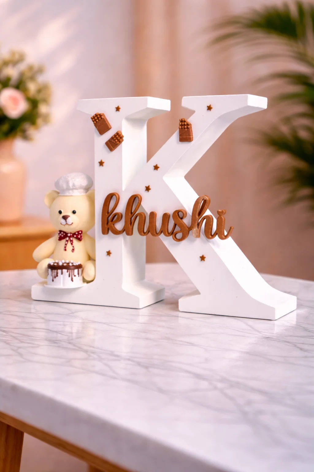 Personalized 3D Custom Letter Name Sign - "Khushi" Baker Theme with Chef Teddy Bear & Chocolate Accents