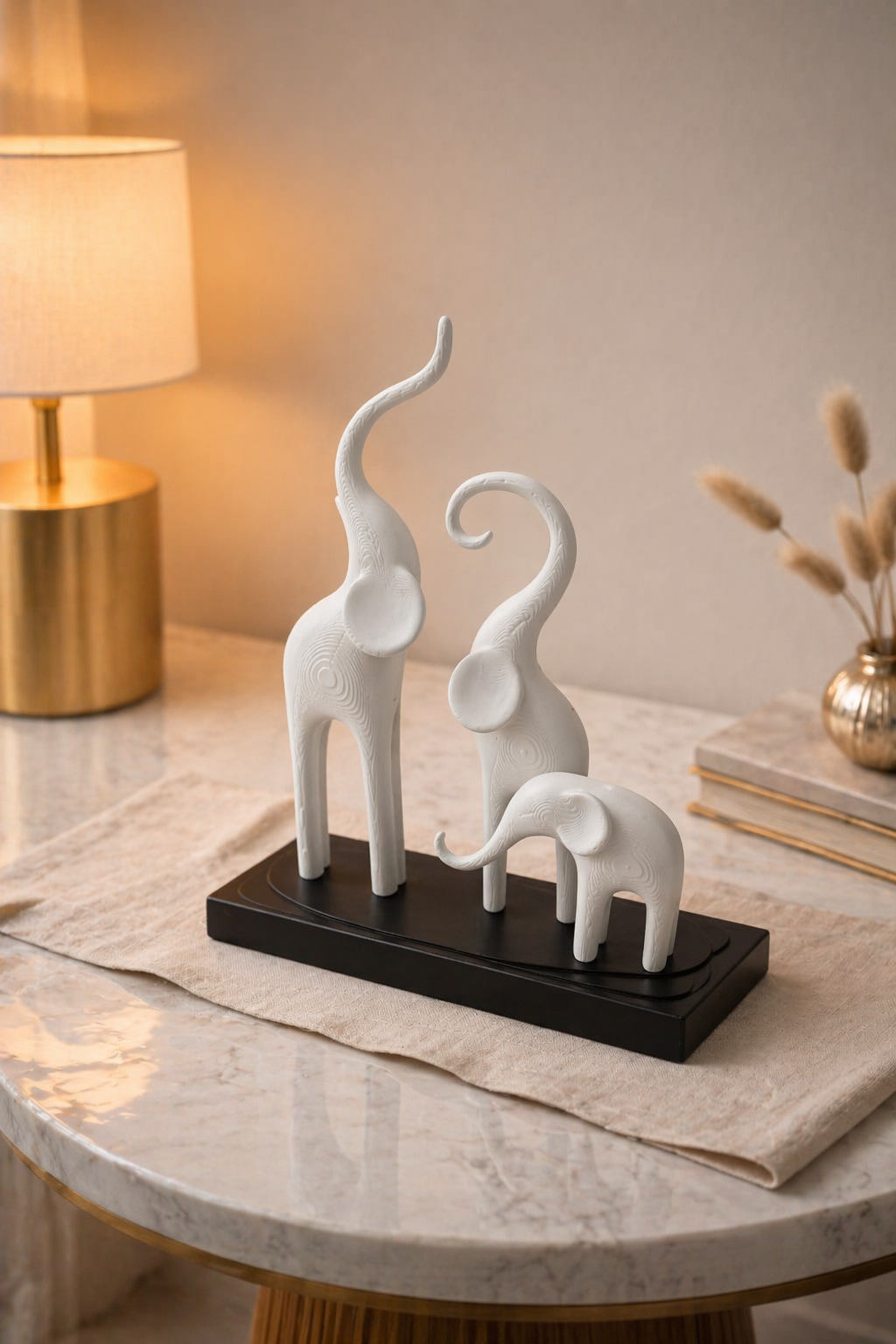 Modern White Elephant Family Figurine Set – Minimalist Home Décor Showpiece