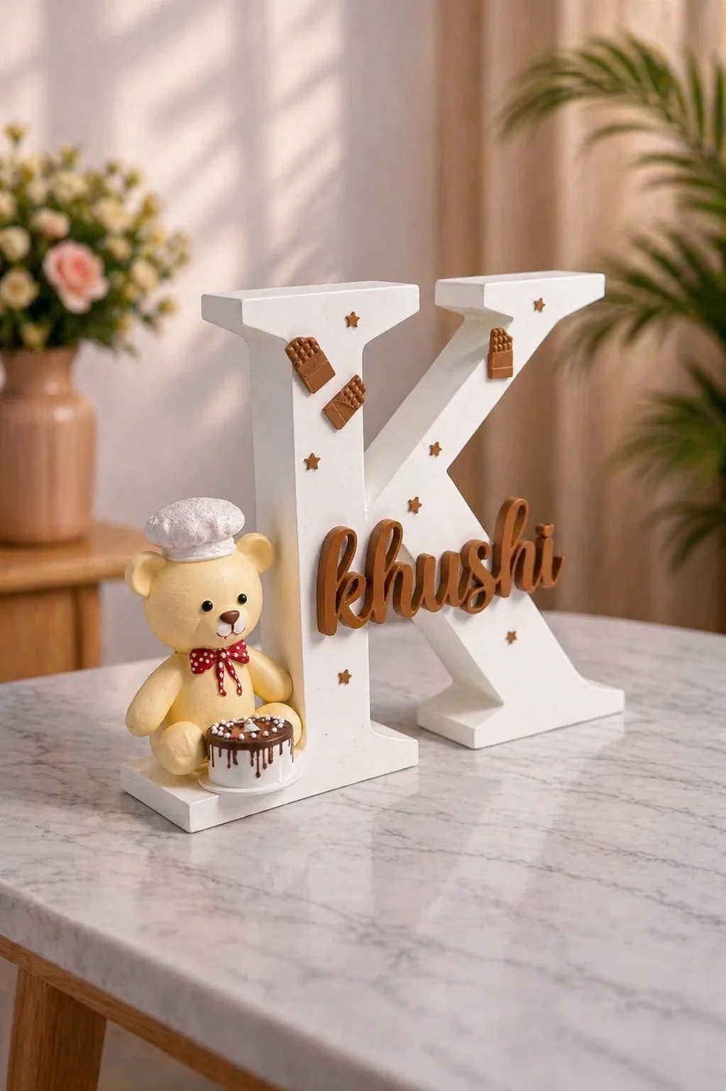 Personalized 3D Custom Letter Name Sign - "Khushi" Baker Theme with Chef Teddy Bear & Chocolate Accents