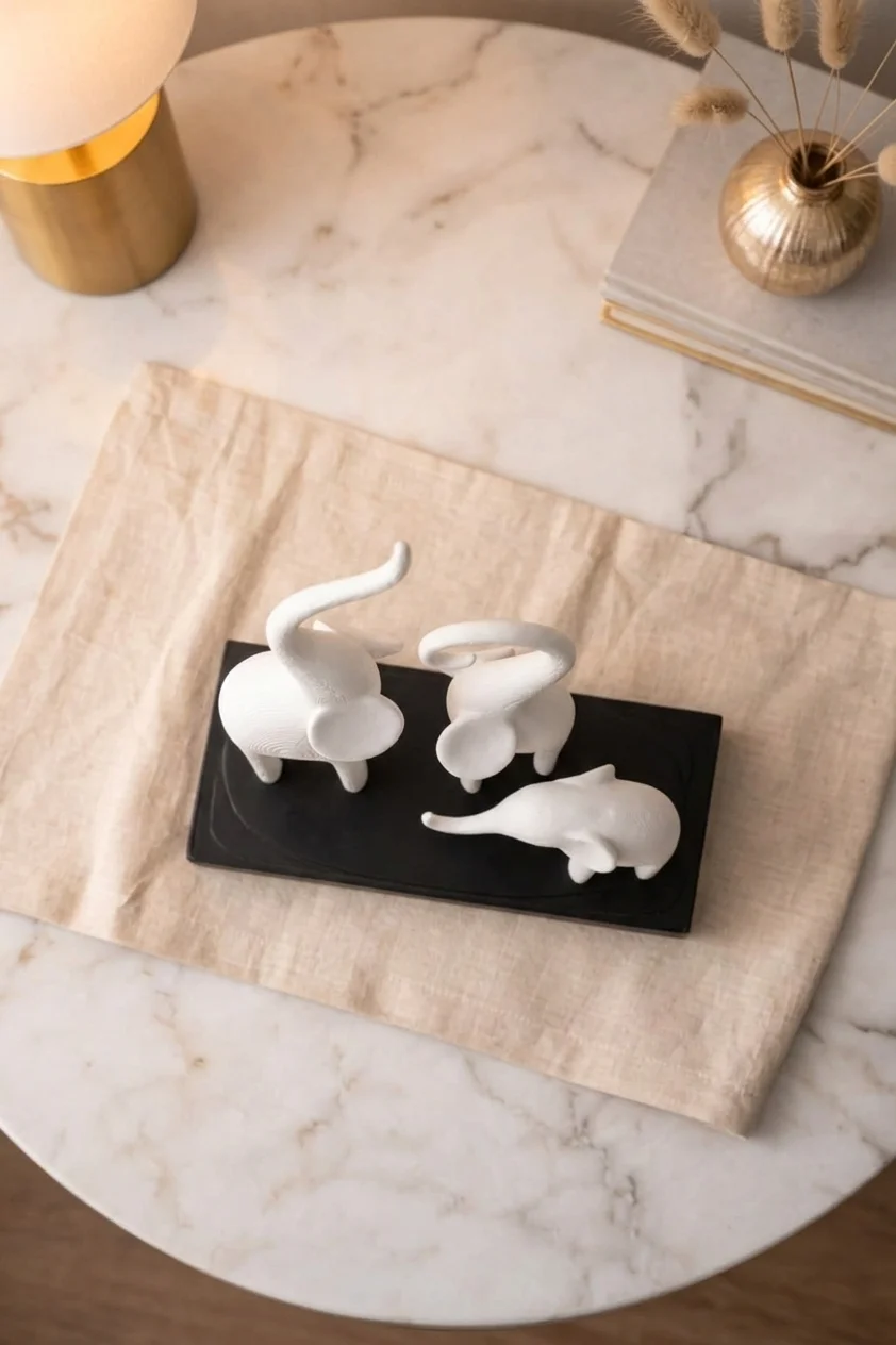 Modern White Elephant Family Figurine Set – Minimalist Home Décor Showpiece